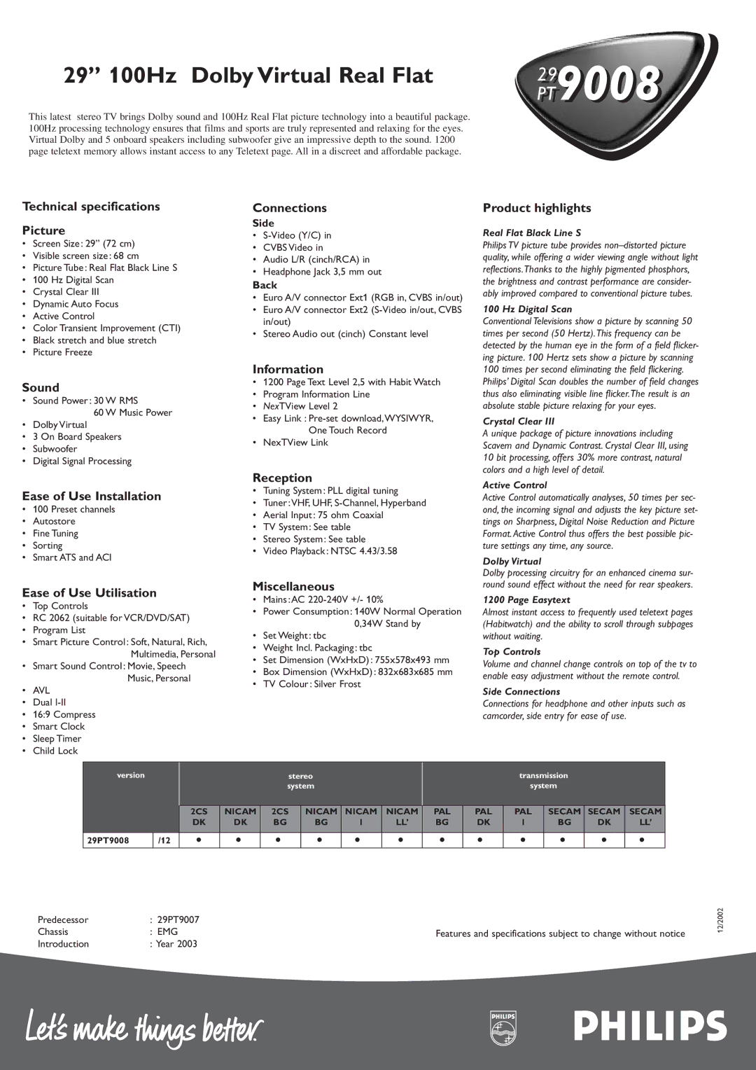 Philips 29PT9008 /12 Technical specifications Picture, Sound, Ease of Use Installation, Ease of Use Utilisation, Reception 