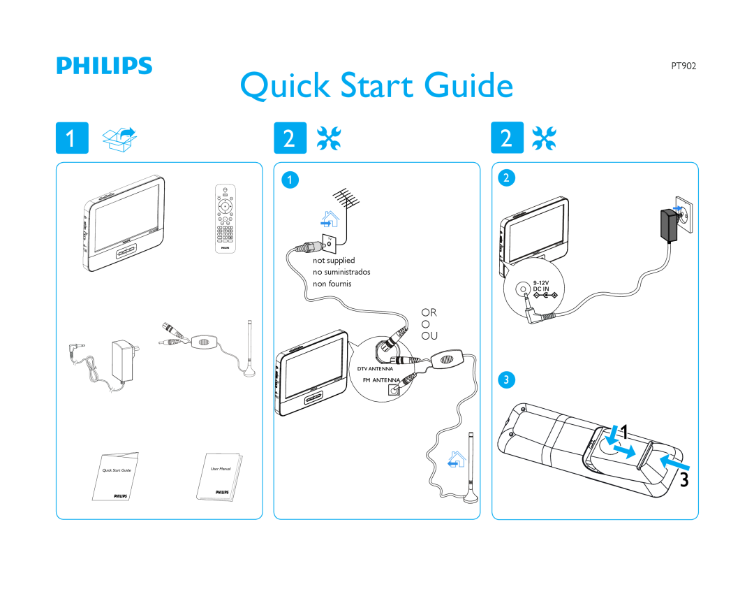 Philips PT902/37 quick start Quick Start Guide, Or O Ou, not supplied, no suministrados non fournis, User Manual 