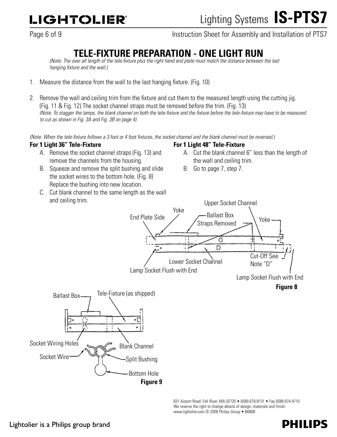 Philips PTS7 manual TELE-FIXTURE Preparation ONE Light RUN, For 1 Light 36 Tele-Fixture, For 1 Light 48 Tele-Fixture 