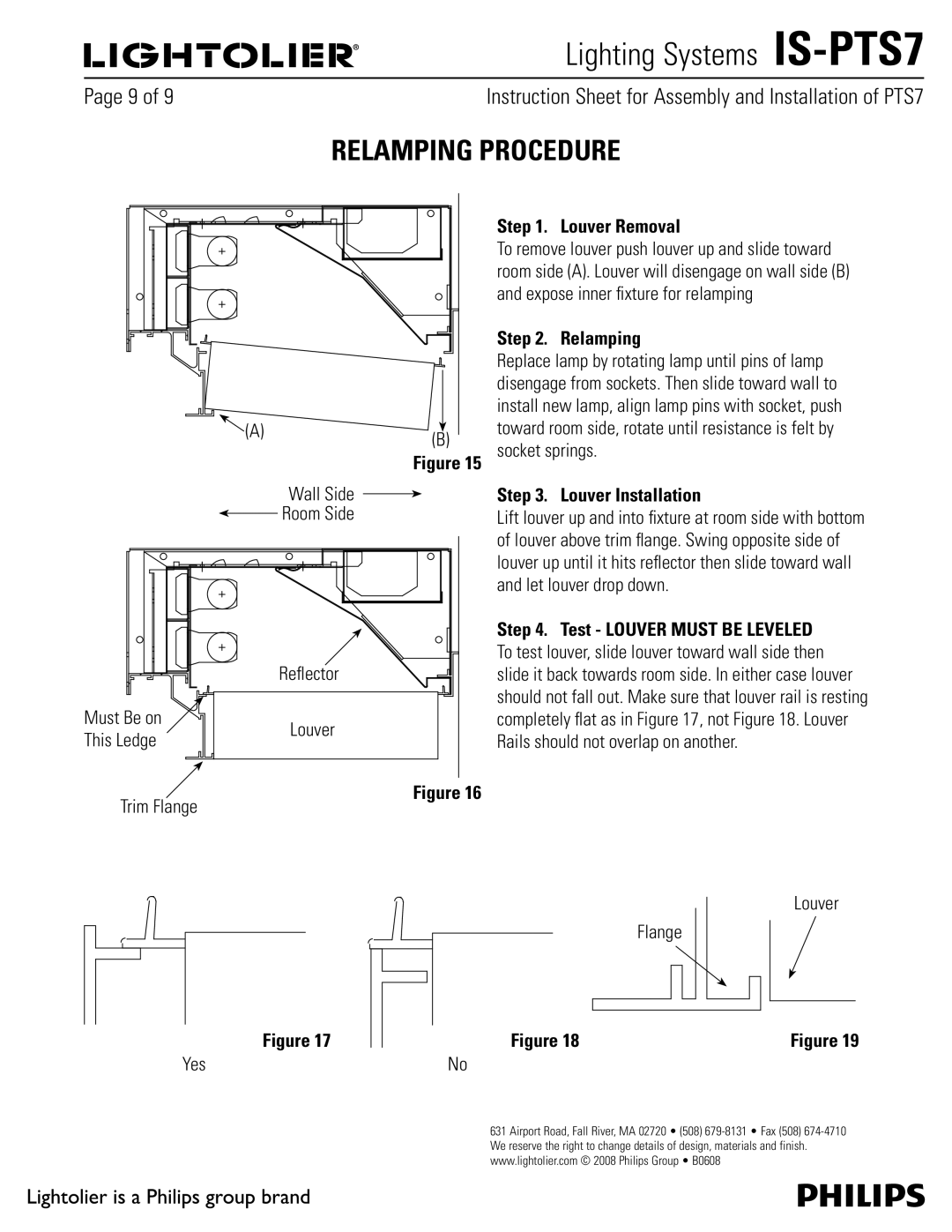 Philips PTS7 manual Relamping Procedure, Louver Removal, Louver Installation, Test Louver Must be Leveled 