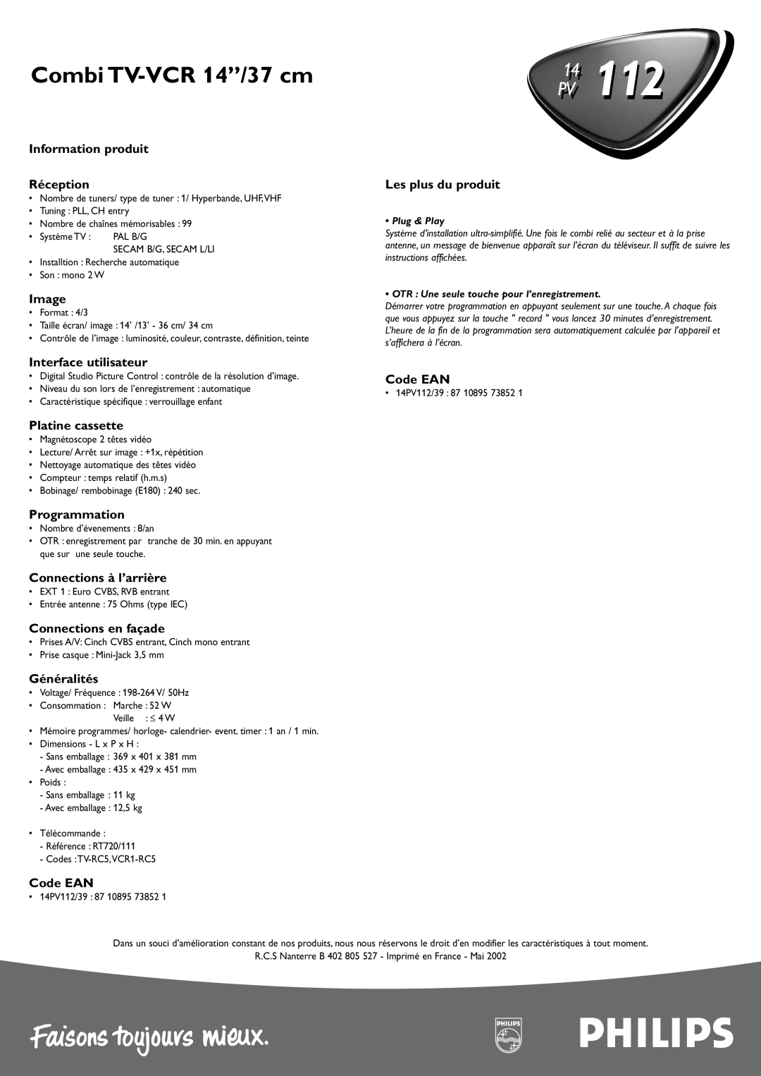 Philips PV 11214 Information produit Réception, Image, Interface utilisateur, Les plus du produit, Code EAN, Programmation 