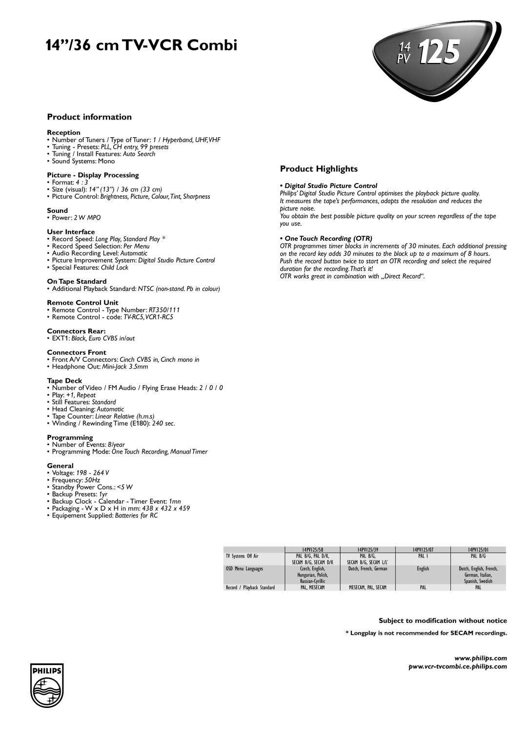 Philips PV 12514 manual Product information, Product Highlights, Digital Studio Picture Control, One Touch Recording OTR 