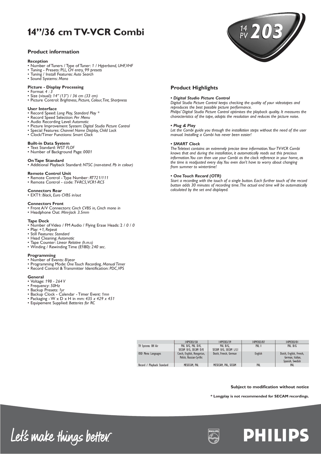 Philips PV 2031414 manual Product information, Product Highlights, Digital Studio Picture Control, Plug & Play Smart Clock 