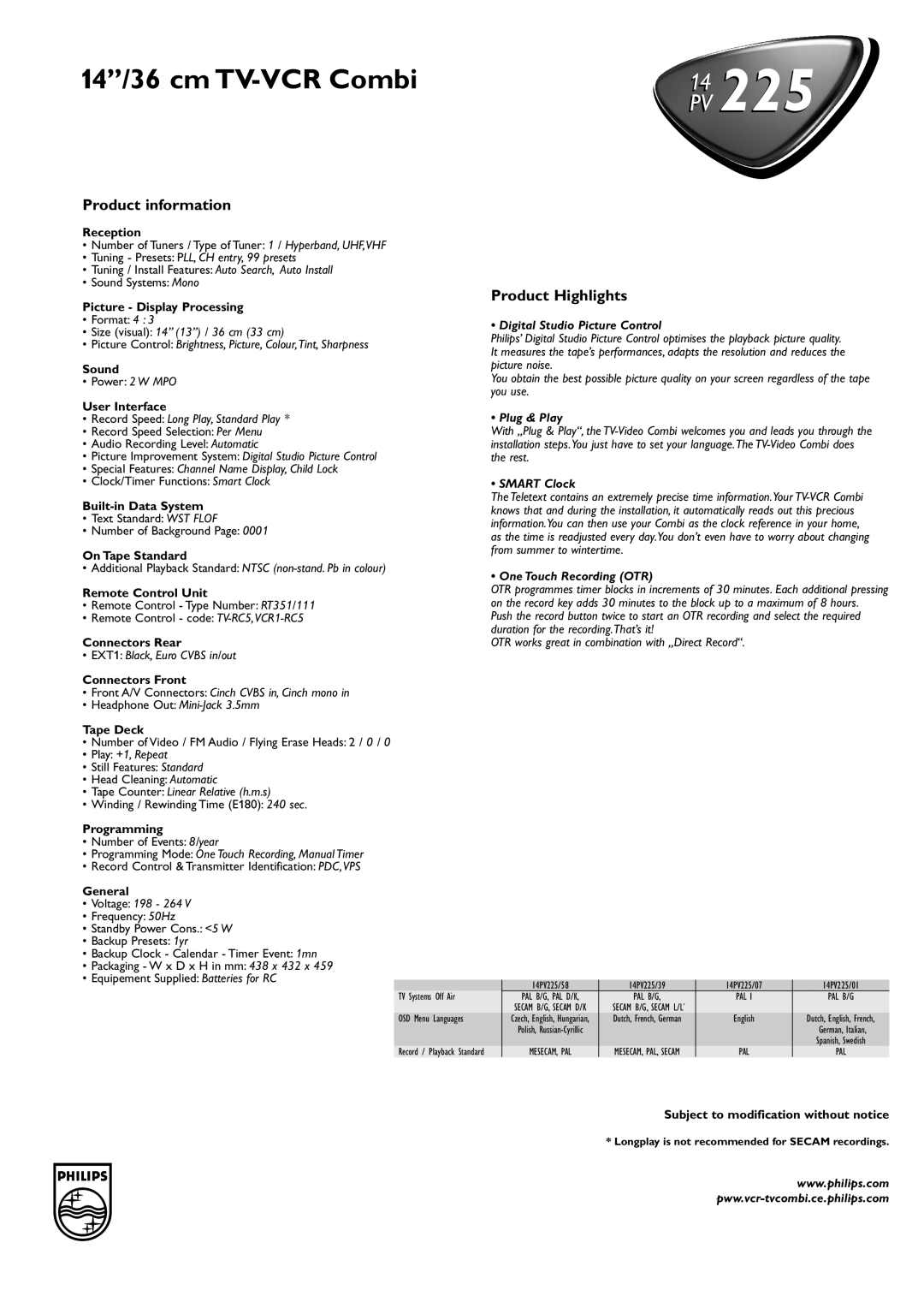 Philips PV 225 manual Product information, Product Highlights 