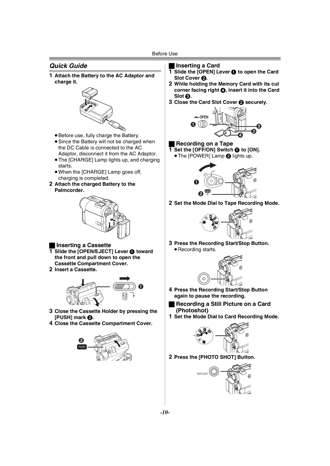 Philips PV-GS55 operating instructions Quick Guide, Inserting a Cassette, Inserting a Card, Recording on a Tape 