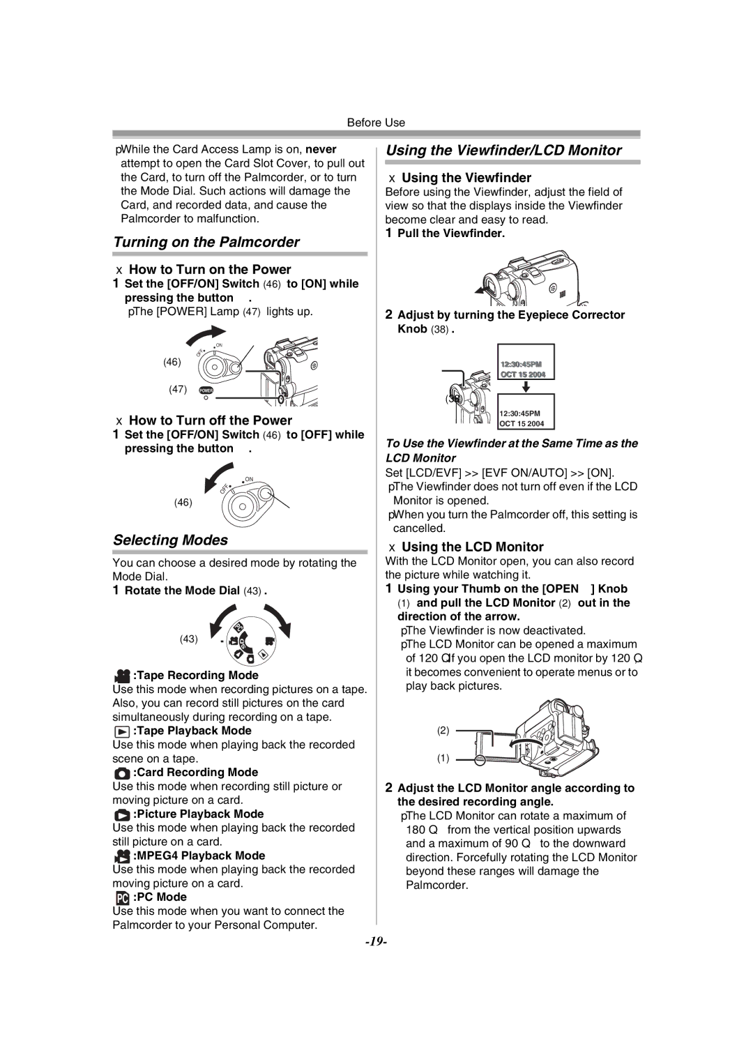 Philips PV-GS55 operating instructions Turning on the Palmcorder, Selecting Modes, Using the Viewfinder/LCD Monitor 