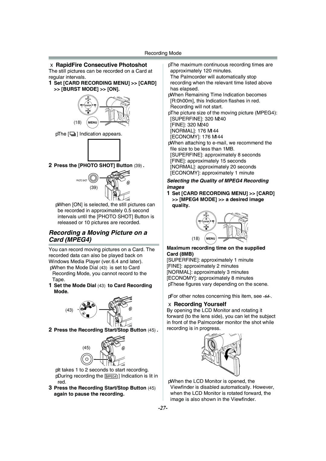 Philips PV-GS55 Recording a Moving Picture on a Card MPEG4, RapidFire Consecutive Photoshot, Recording Yourself 