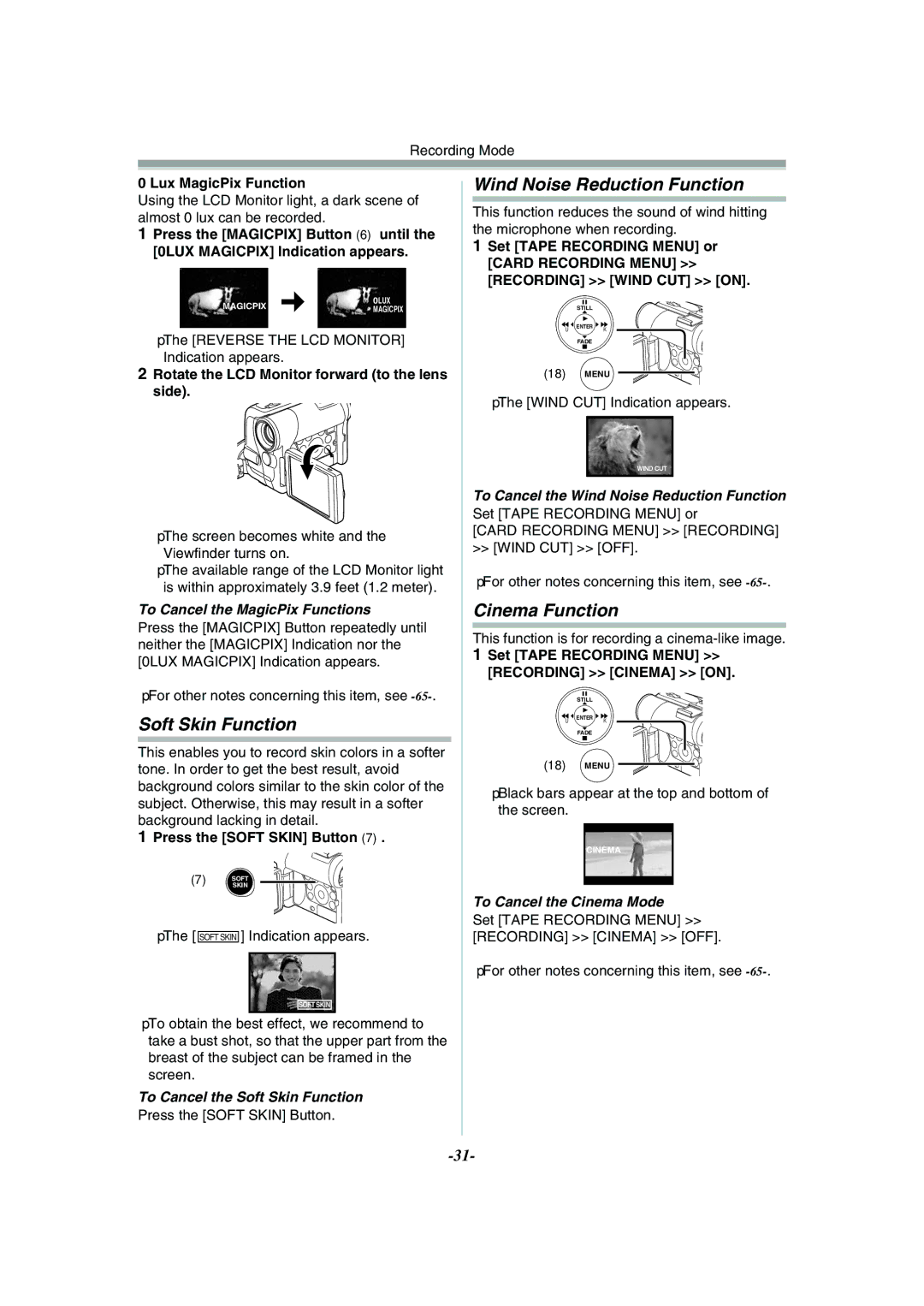 Philips PV-GS55 operating instructions Soft Skin Function, Wind Noise Reduction Function, Cinema Function 