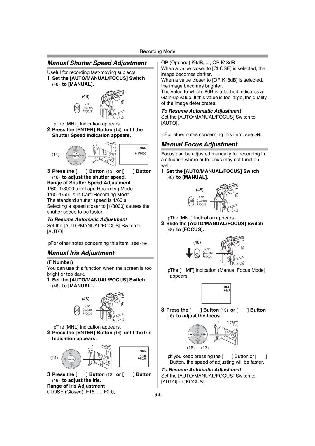 Philips PV-GS55 operating instructions Manual Shutter Speed Adjustment, Manual Focus Adjustment, Manual Iris Adjustment 