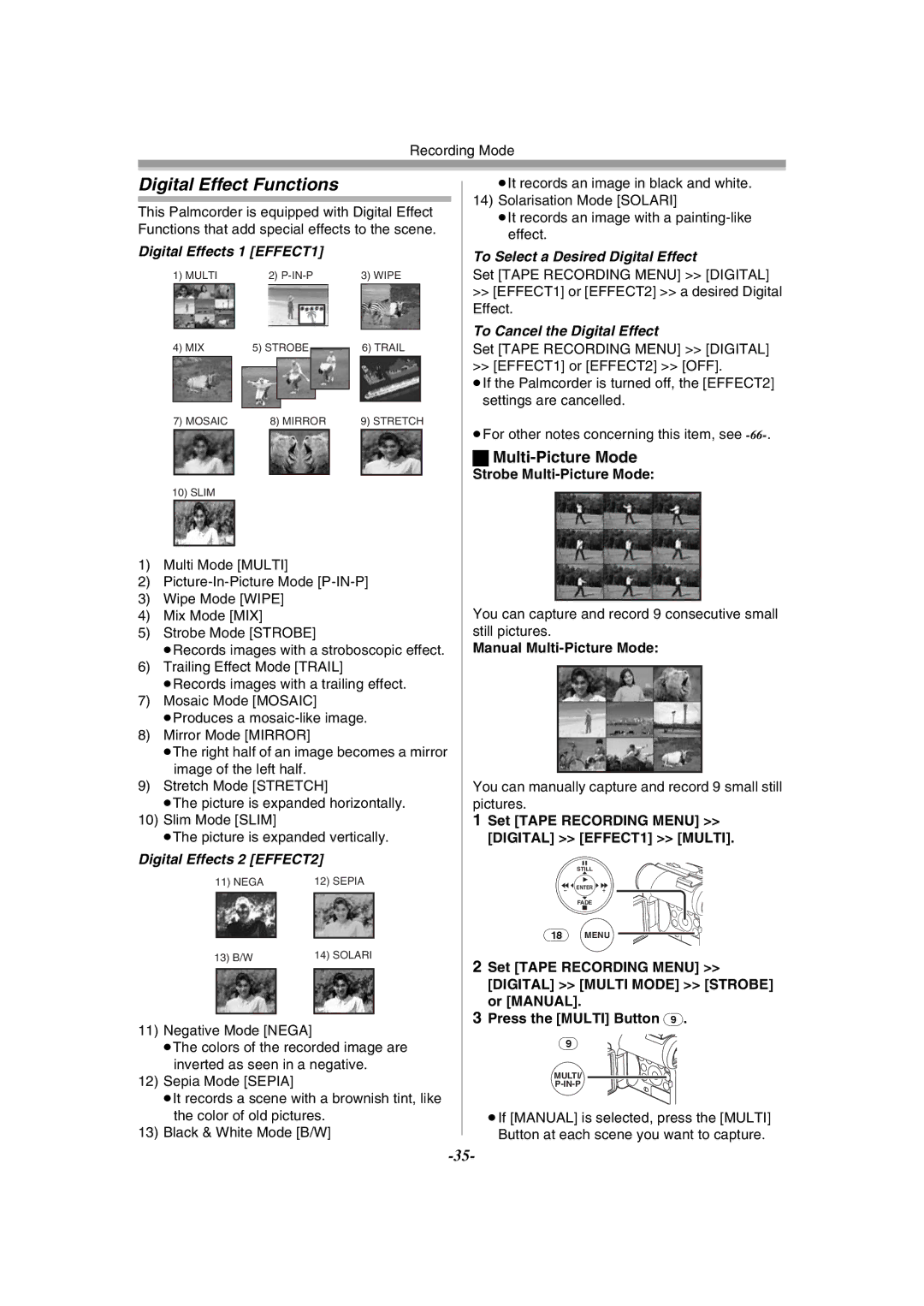 Philips PV-GS55 operating instructions Digital Effect Functions, Multi-Picture Mode 