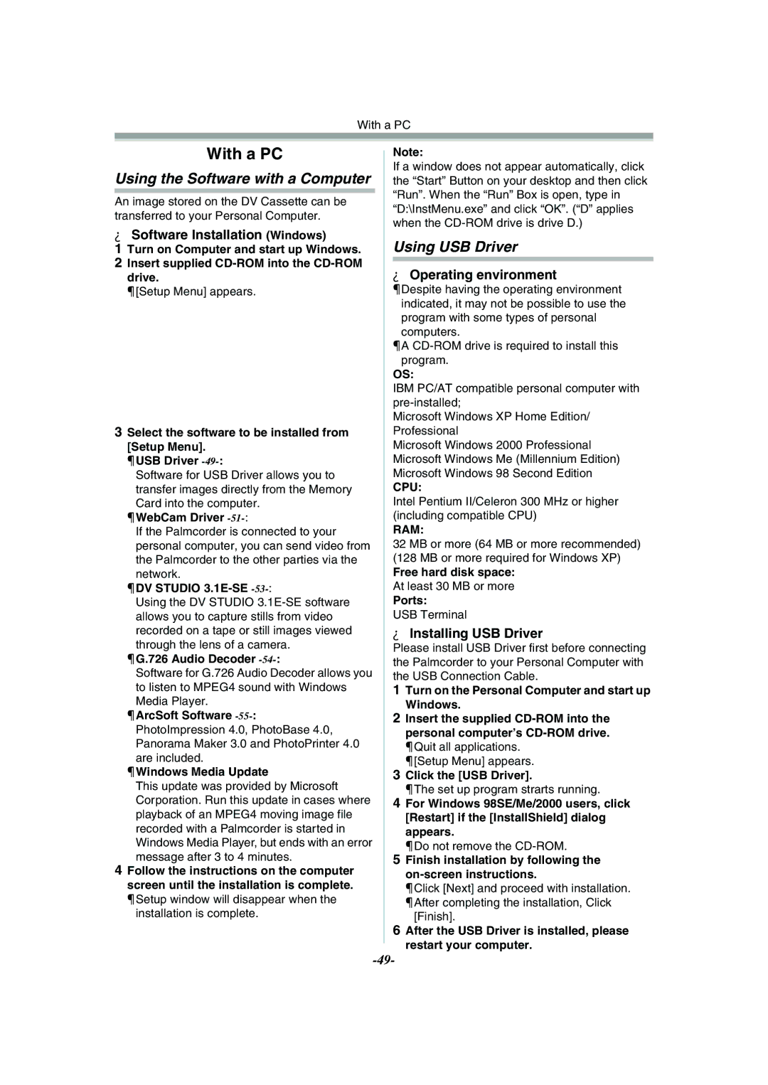 Philips PV-GS55 Using the Software with a Computer, Using USB Driver, Software Installation Windows, Operating environment 