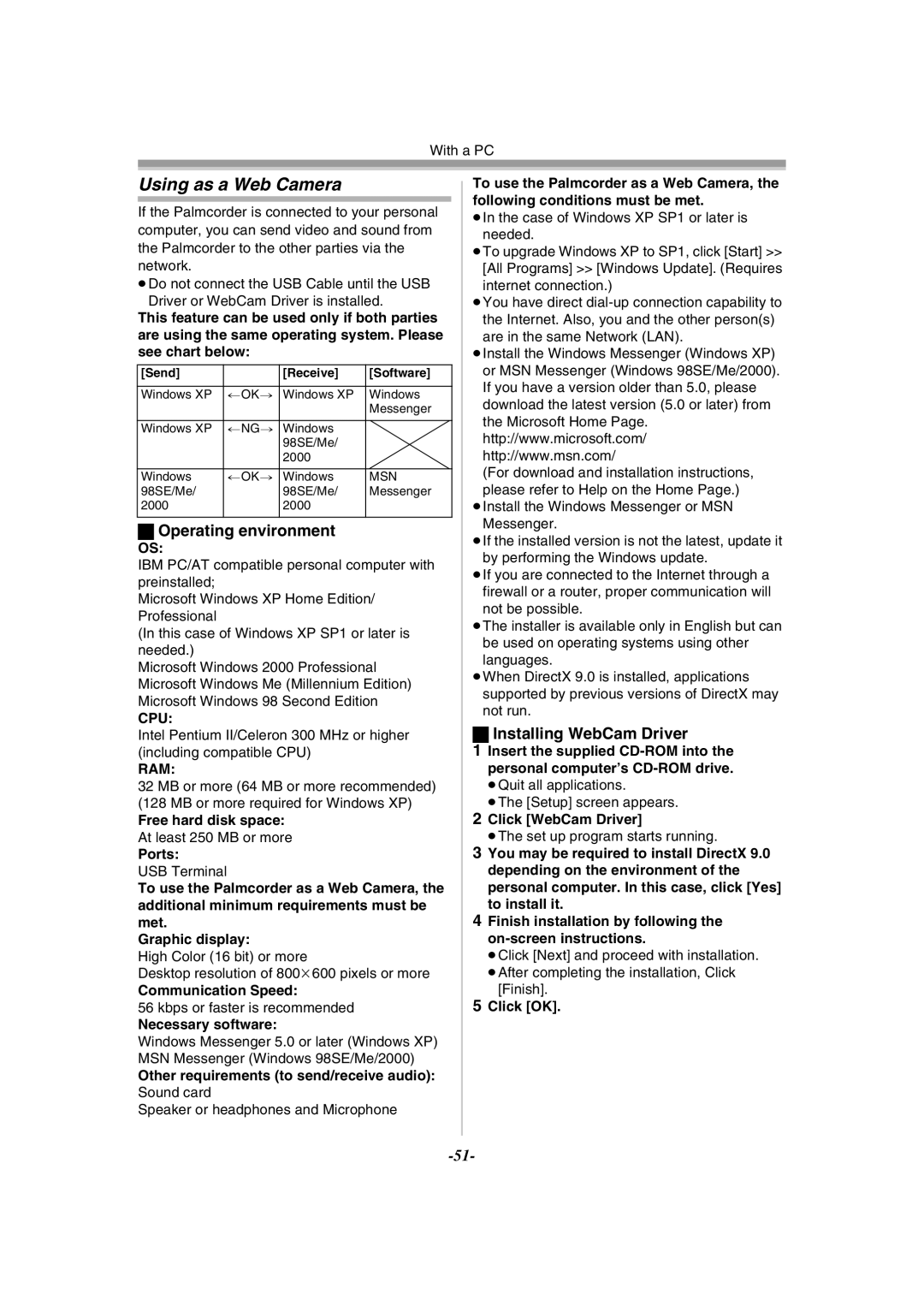 Philips PV-GS55 operating instructions Using as a Web Camera, Operating environment, Installing WebCam Driver 