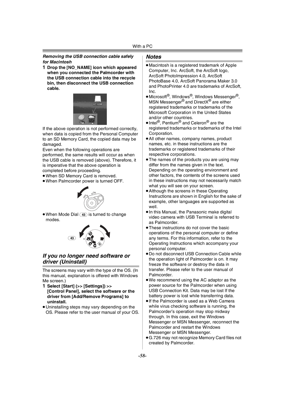 Philips PV-GS55 If you no longer need software or driver Uninstall, ≥When Mode Dial 43 is turned to change modes 