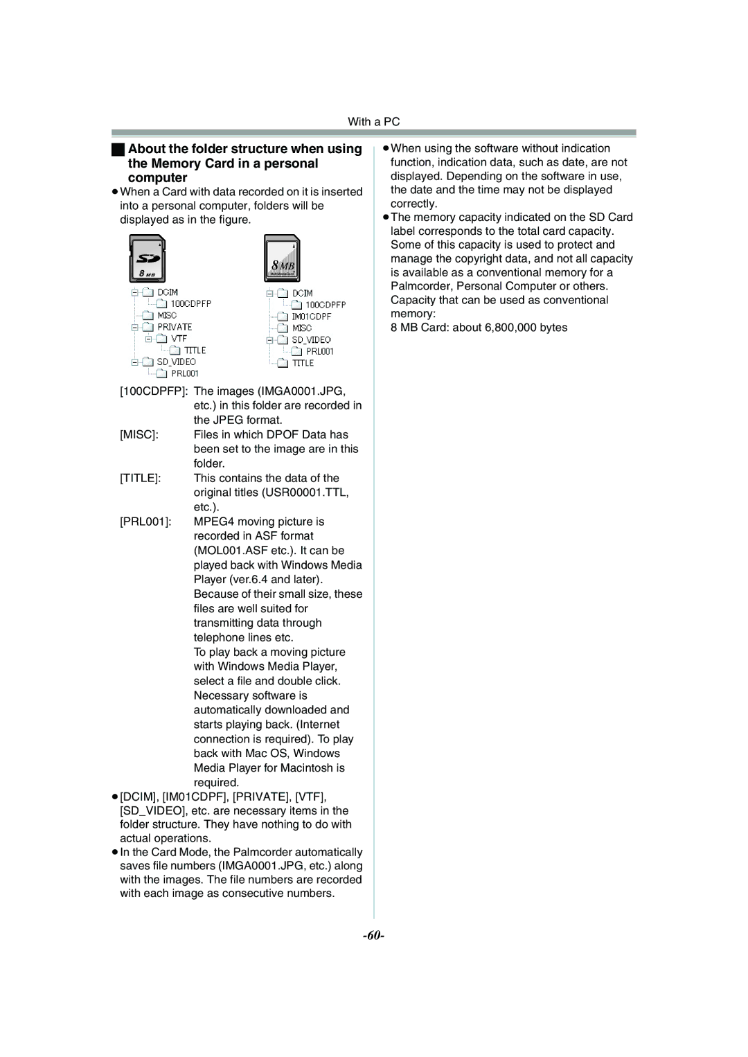 Philips PV-GS55 Jpeg format, Files in which Dpof Data has, Been set to the image are in this, Folder, Etc, Required 