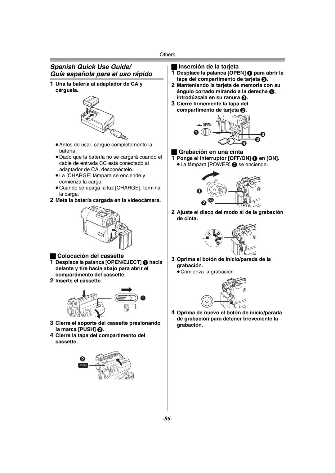 Philips PV-GS55 Spanish Quick Use Guide Guía española para el uso rápido, Colocación del cassette, Inserción de la tarjeta 