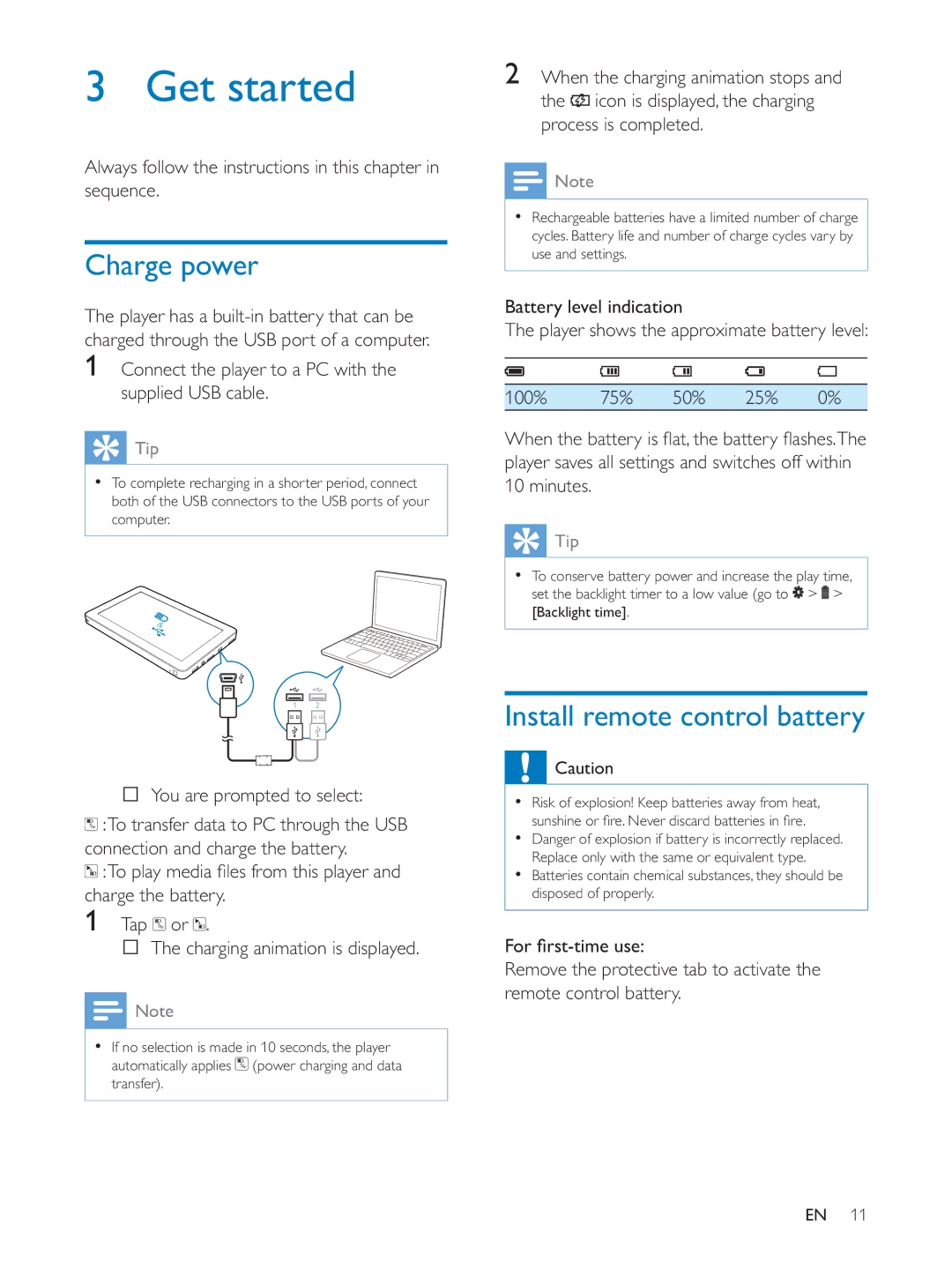 Philips PV7005 user manual Get started, Charge power, Install remote control battery 