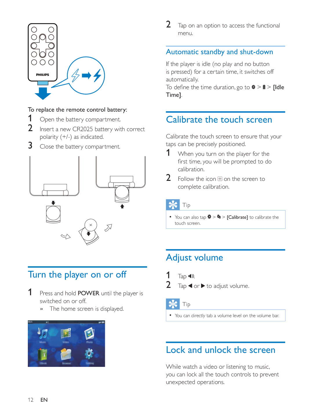 Philips PV7005 user manual Calibrate the touch screen, Turn the player on or off, Adjust volume, Lock and unlock the screen 