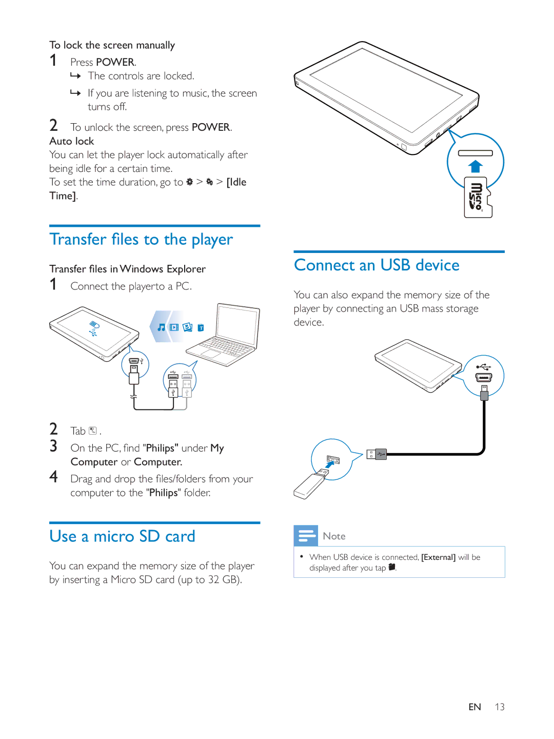 Philips PV7005 user manual Use a micro SD card, Connect an USB device 