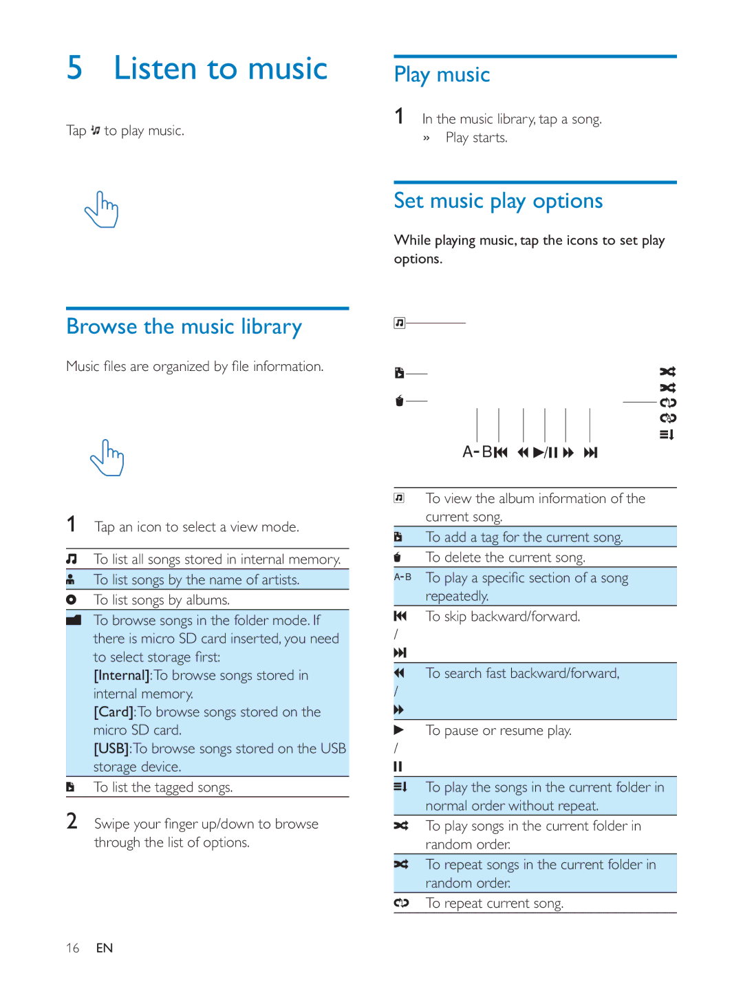 Philips PV7005 user manual Listen to music, Play music, Browse the music library, Set music play options 