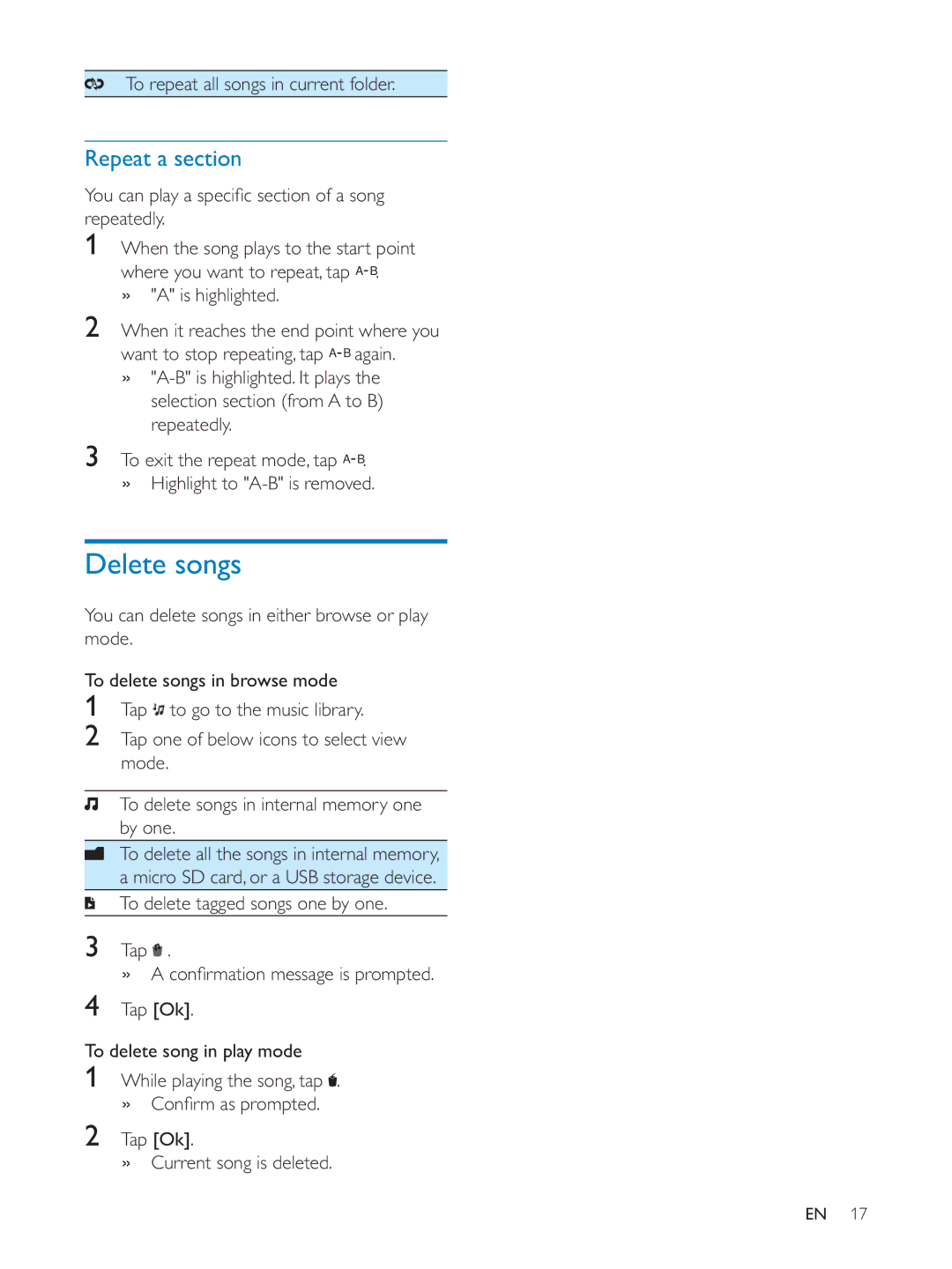 Philips PV7005 user manual Delete songs, Repeat a section, To repeat all songs in current folder 