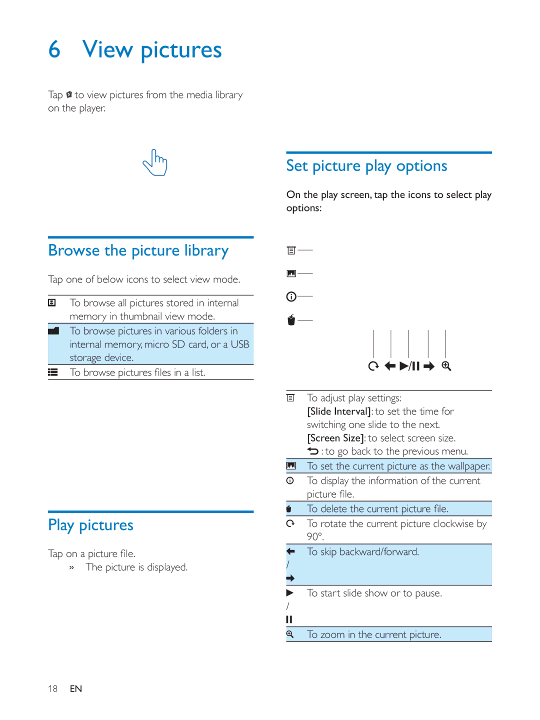 Philips PV7005 user manual View pictures, Browse the picture library, Play pictures, Set picture play options 