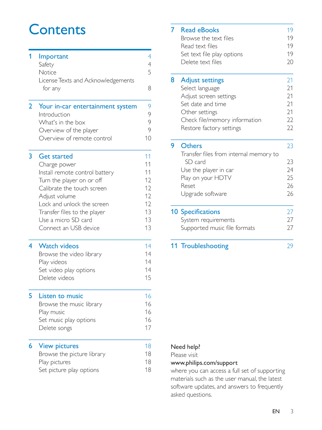 Philips PV7005 user manual Contents 