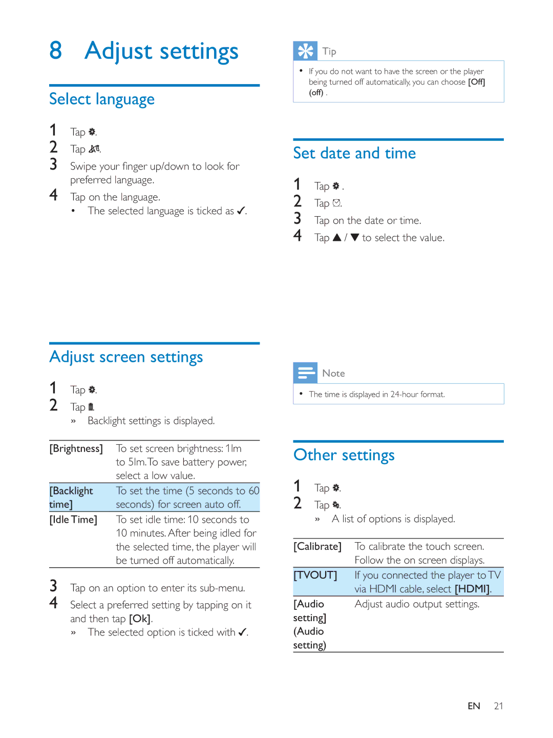 Philips PV7005 user manual Adjust settings, Select language, Adjust screen settings, Set date and time, Other settings 