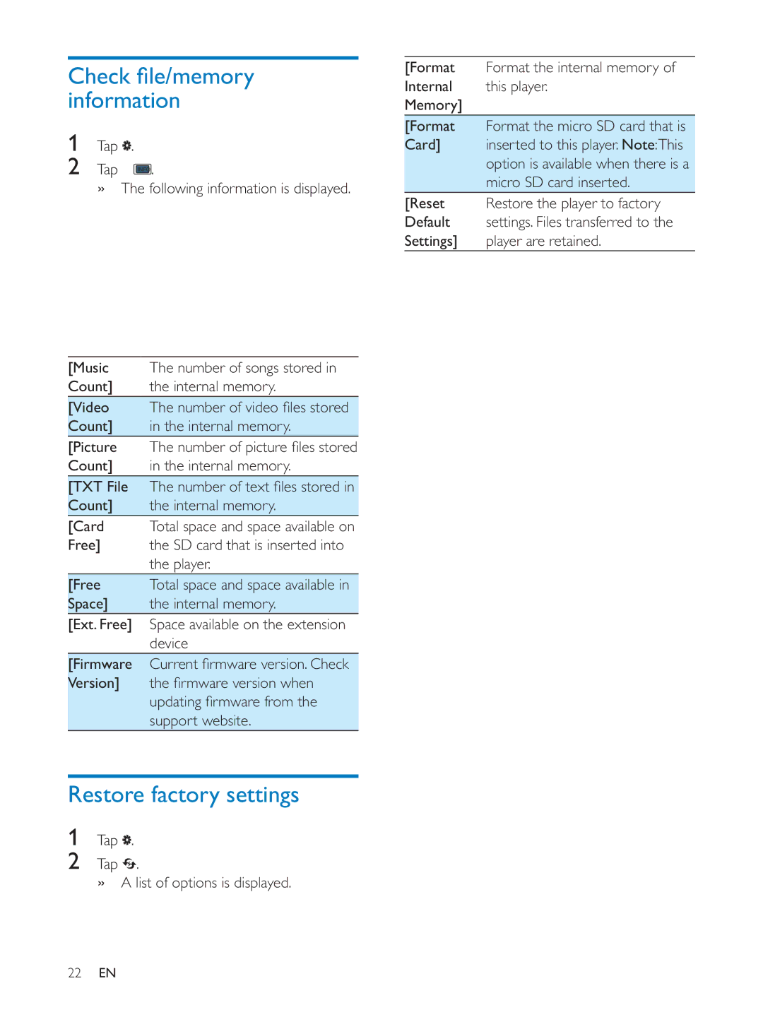 Philips PV7005 user manual Information, Restore factory settings 