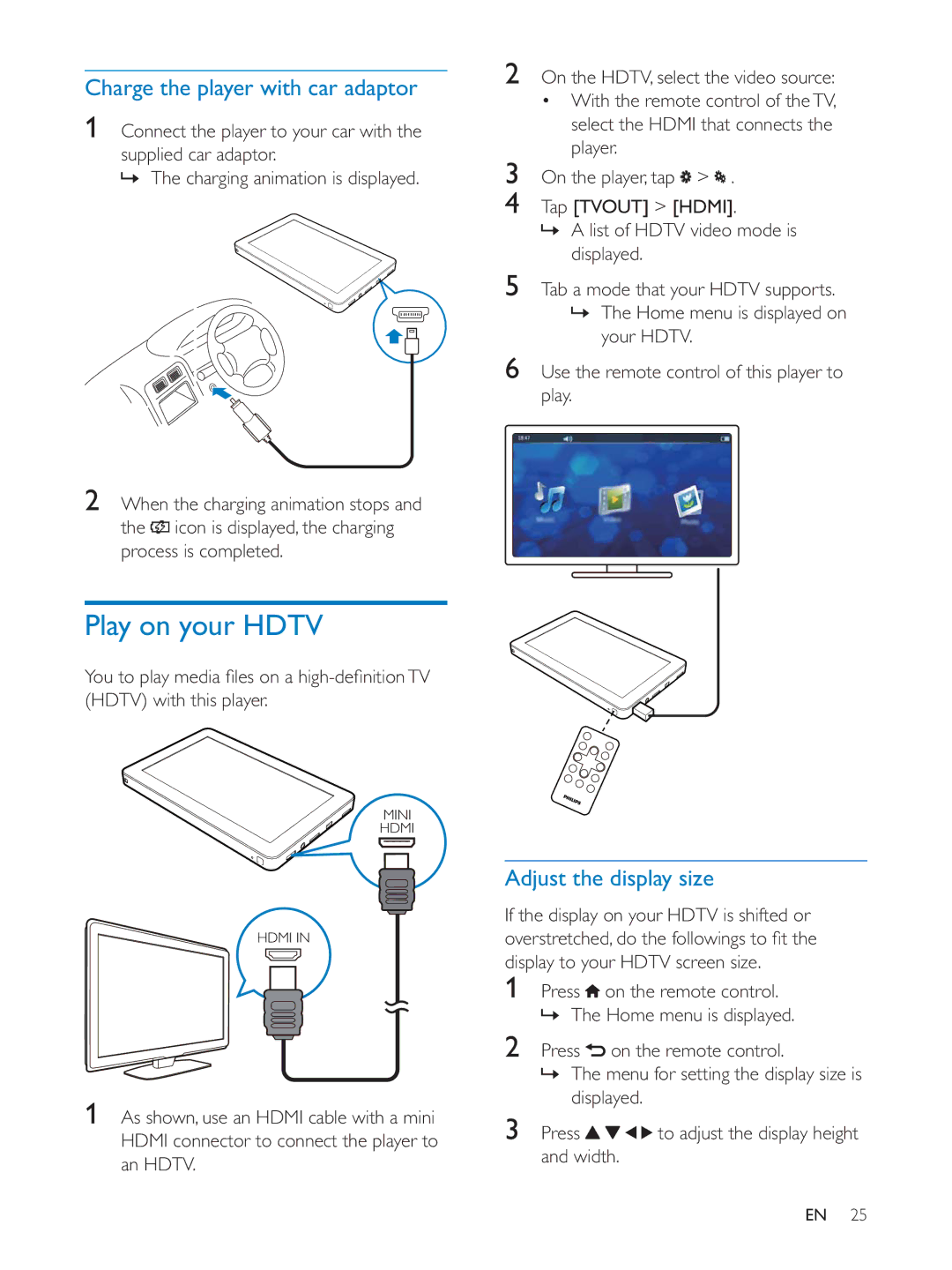 Philips PV7005 Play on your Hdtv, Charge the player with car adaptor, Adjust the display size, Hdtv with this player 