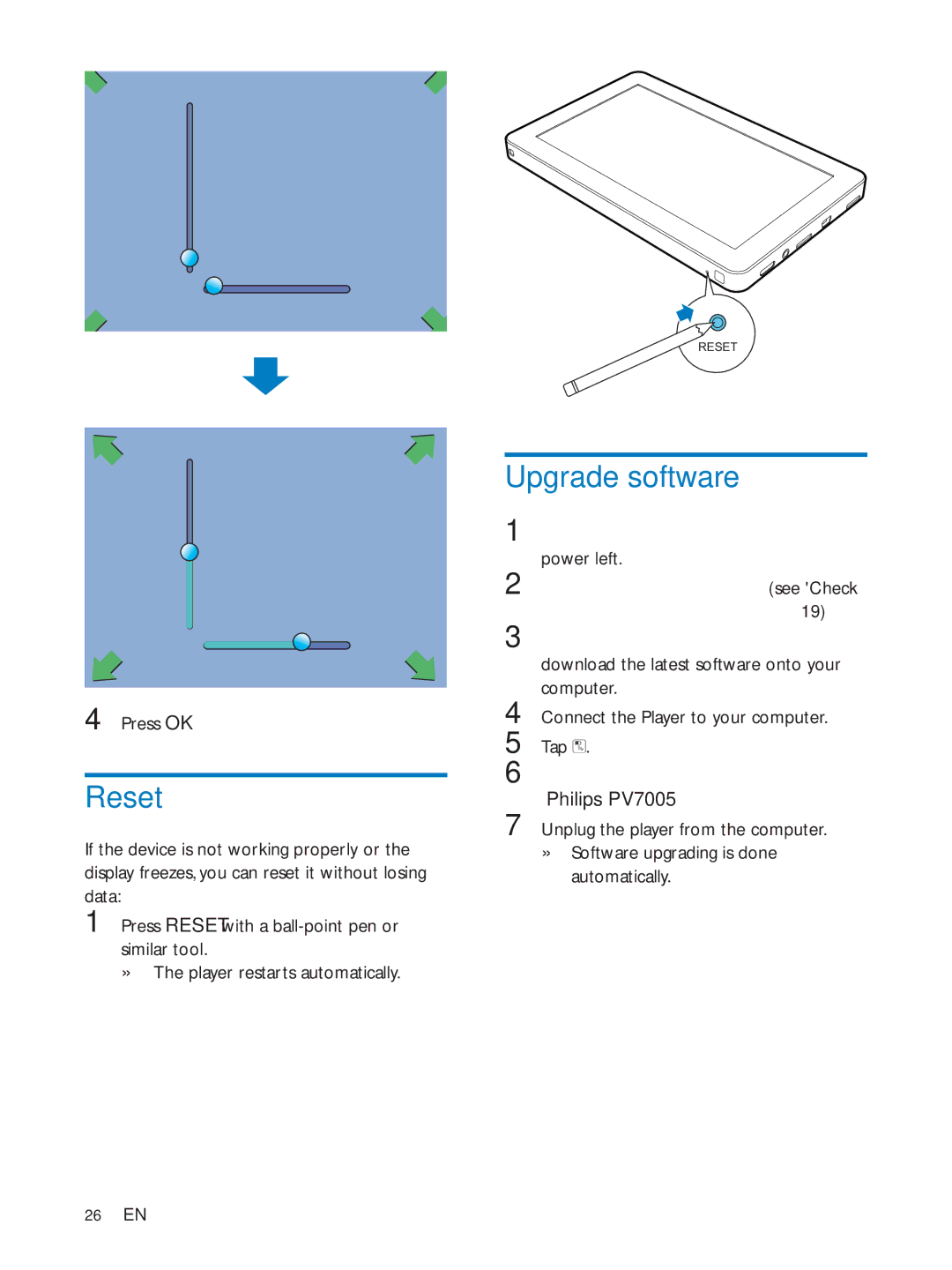 Philips PV7005 user manual Reset, Upgrade software, Press OK 