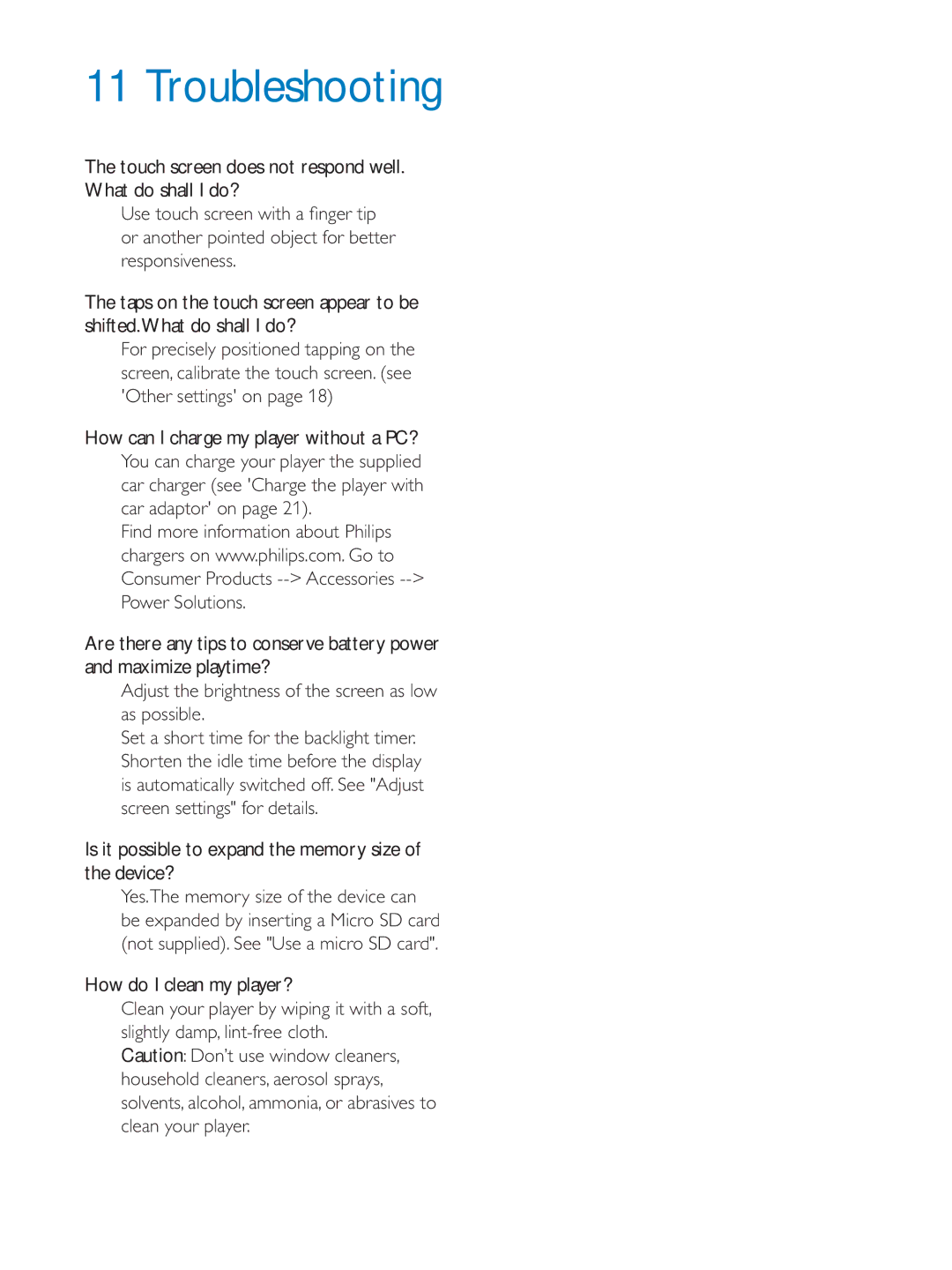 Philips PV7005 user manual Troubleshooting, Is it possible to expand the memory size of the device? 