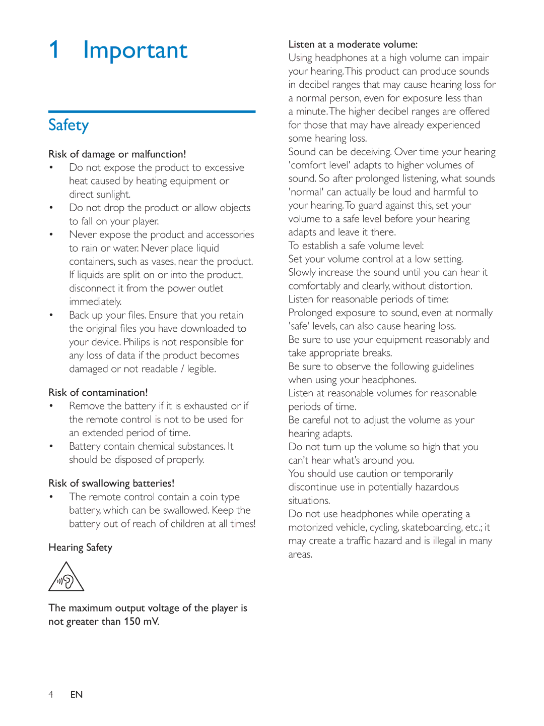 Philips PV7005 user manual Safety, Risk of swallowing batteries, To establish a safe volume level, Areas 