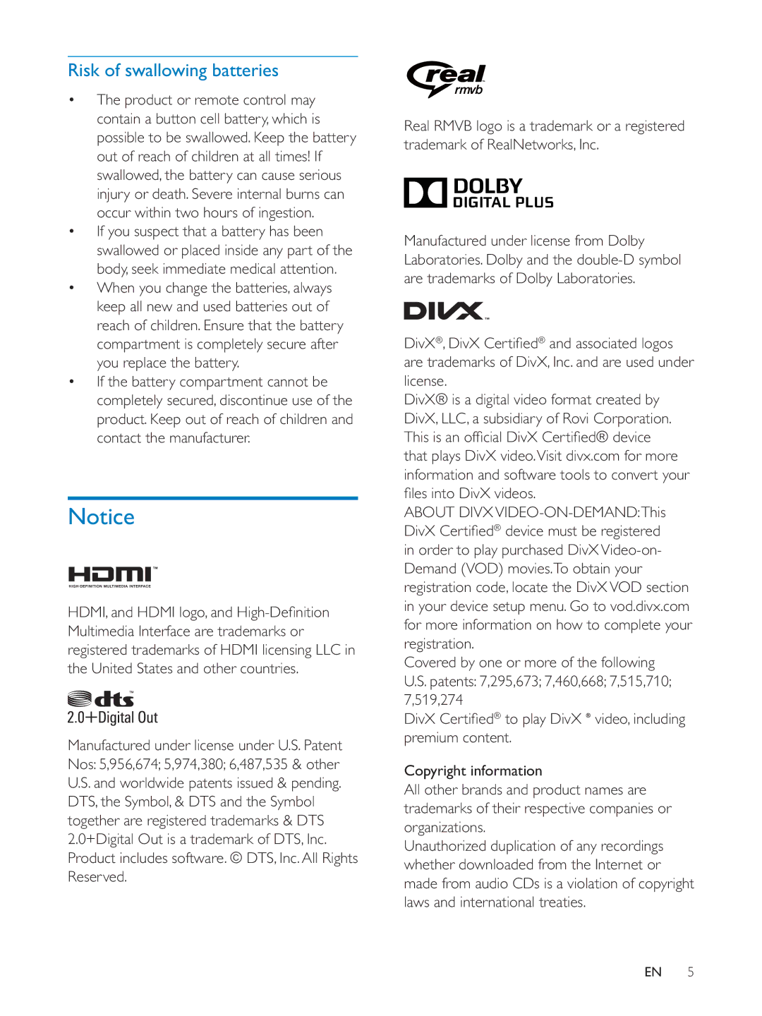 Philips PV7005 user manual Risk of swallowing batteries 