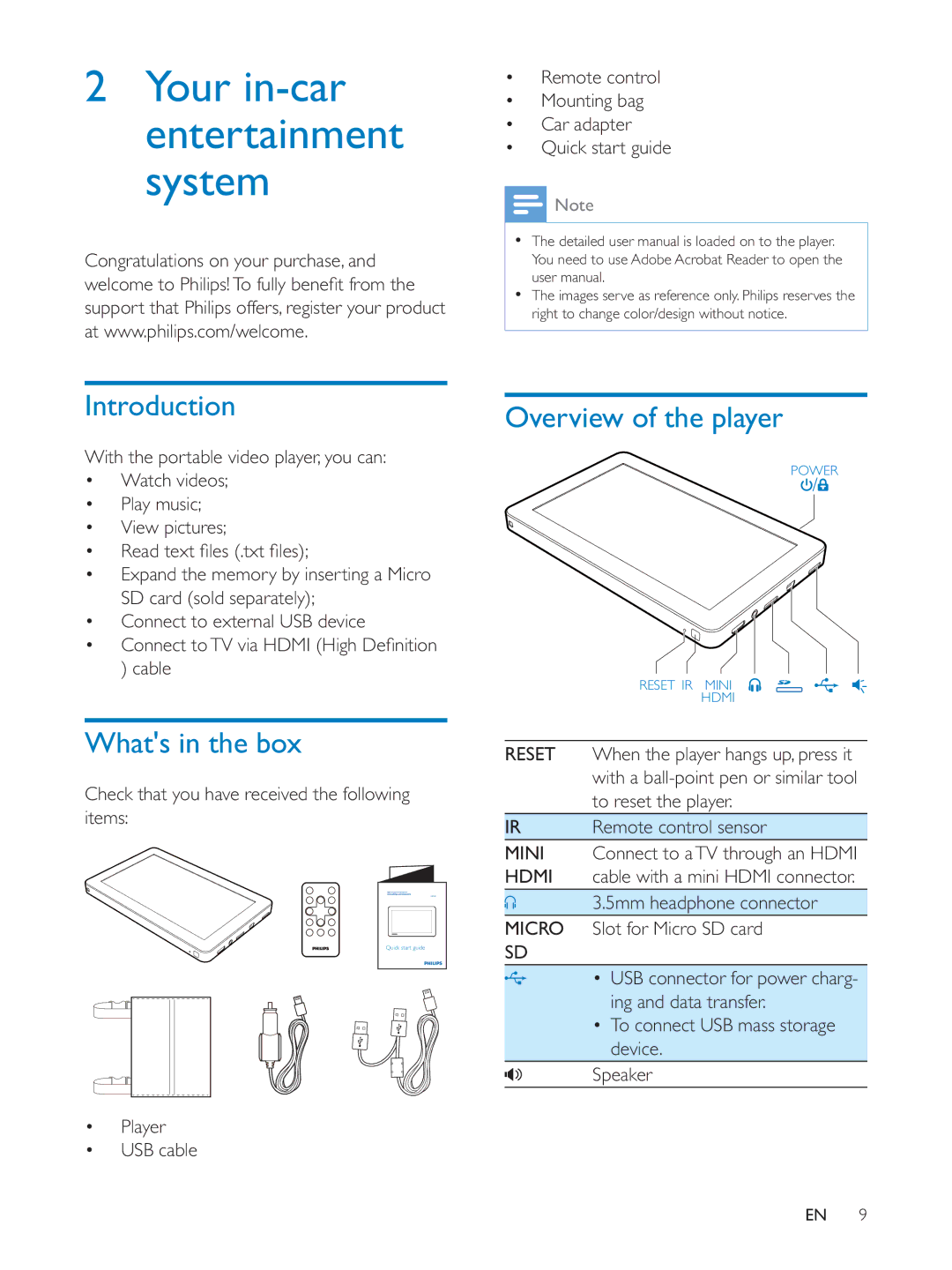 Philips PV7005 user manual Introduction, Whats in the box, Overview of the player 