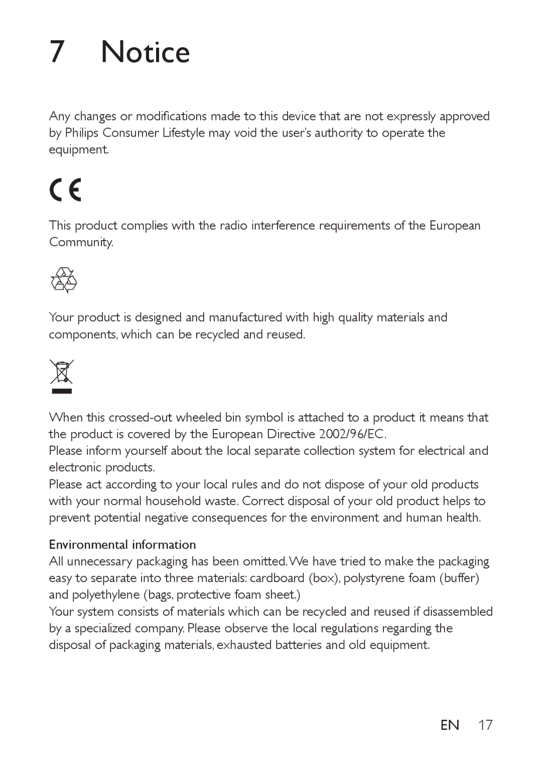 Philips PV7002I, PV9002I user manual Environmental information 