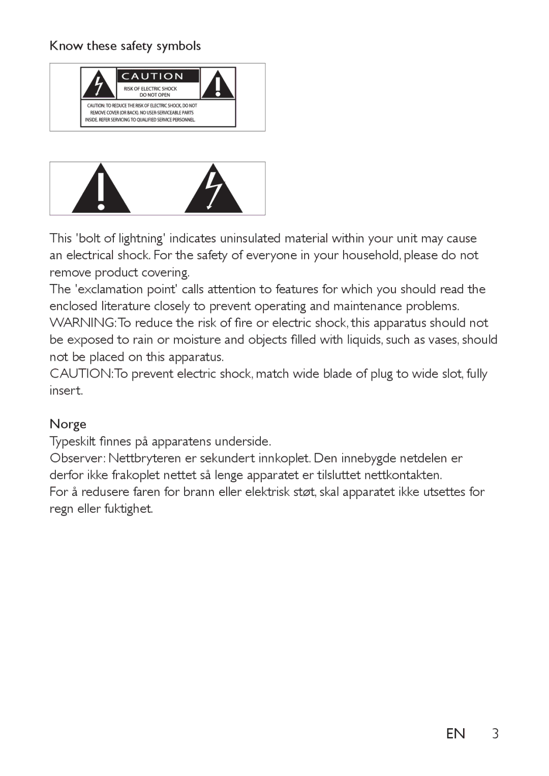 Philips PV7002I, PV9002I user manual Norge Typeskilt finnes på apparatens underside 