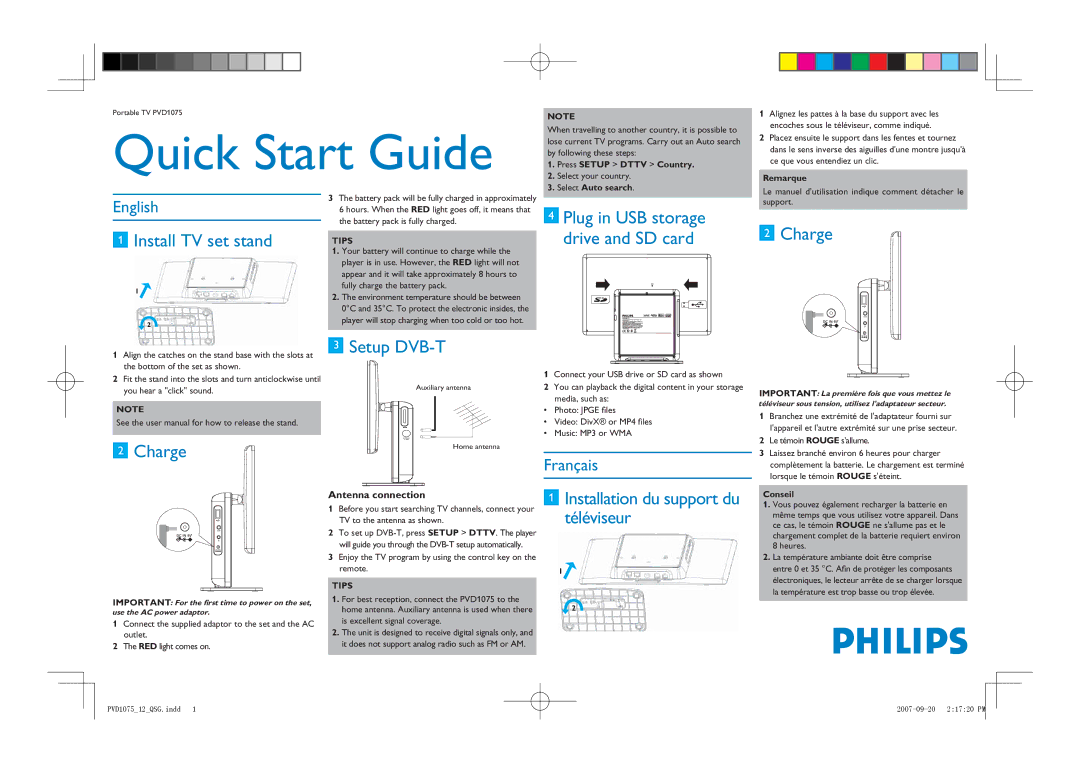 Philips PVD1075/12 quick start Install TV set stand, Charge, Setup DVB-T, Installation du support du téléviseur 