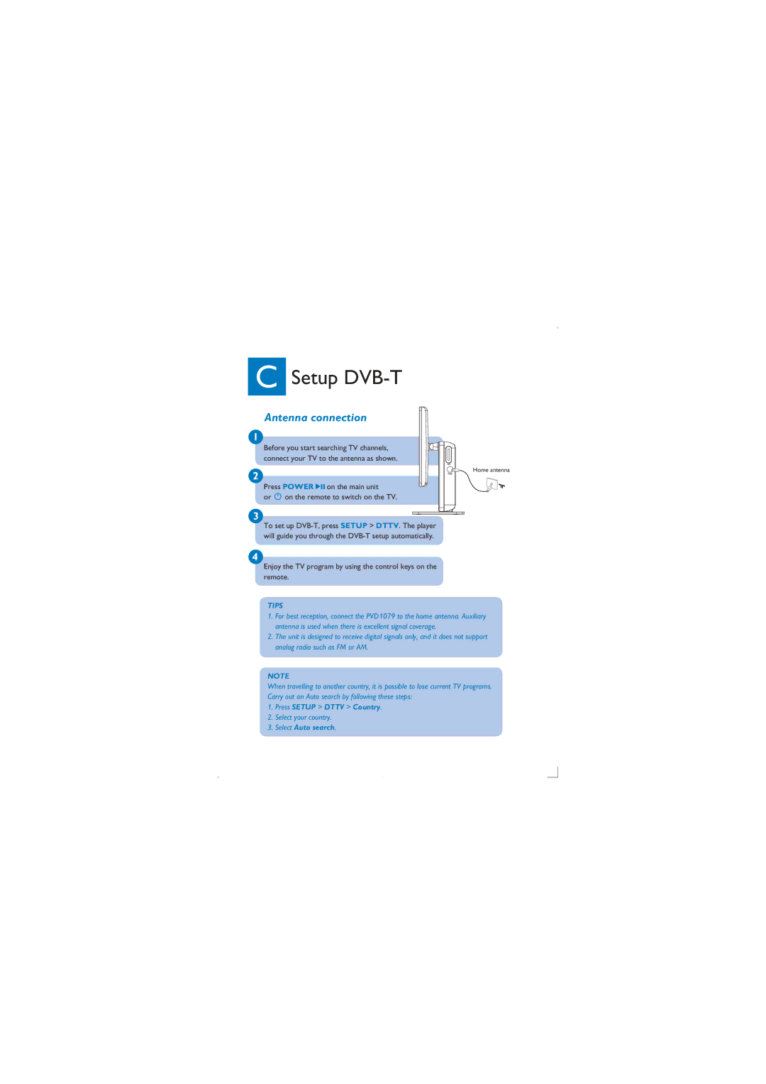 Philips PVD1079/12 quick start Setup DVB-T, Antenna connection 