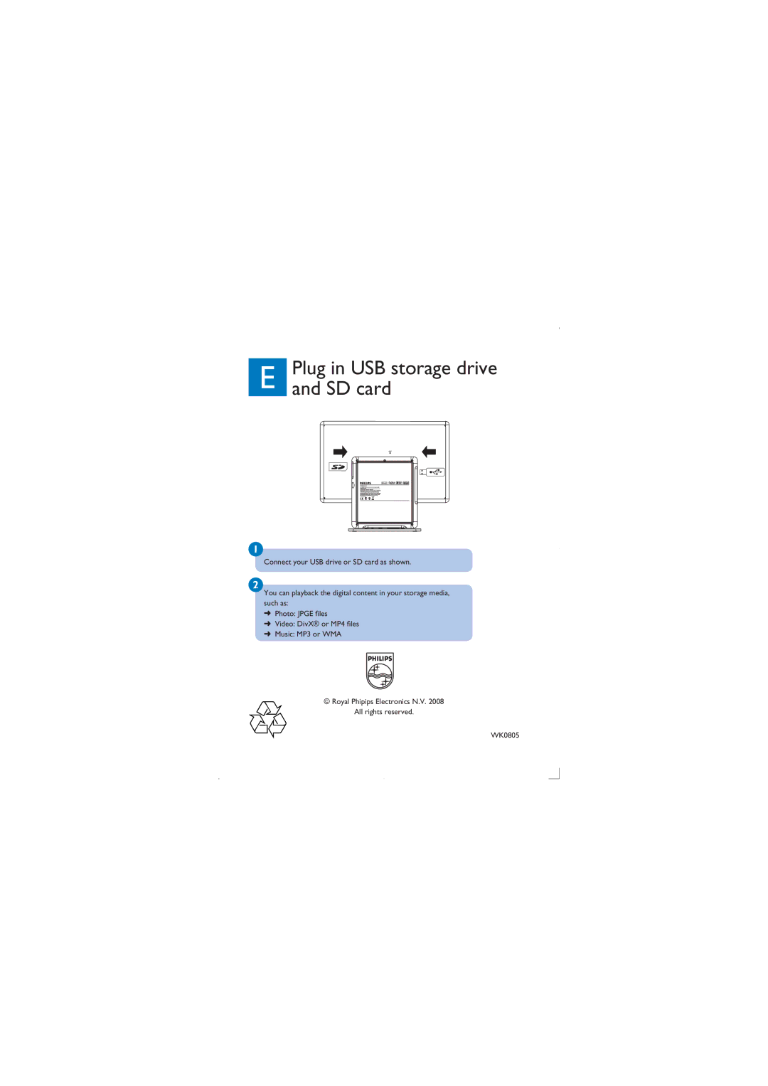 Philips PVD1079/12 quick start Plug in USB storage drive and SD card 