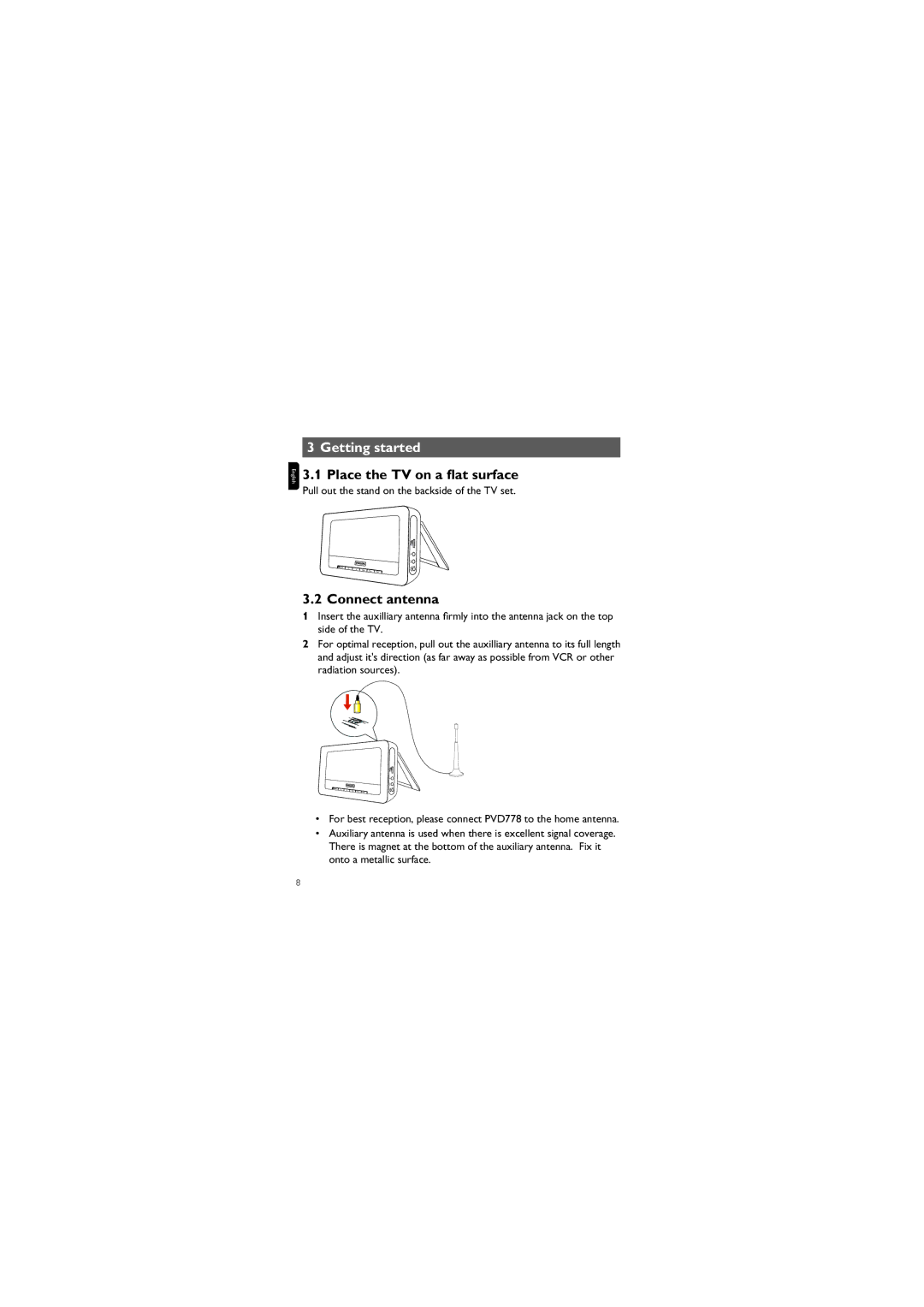 Philips PVD778 user manual Getting started, Place the TV on a ﬂat surface, Connect antenna 