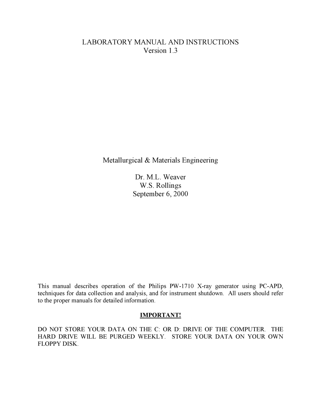 Philips PW-1710 manual Laboratory Manual and Instructions 