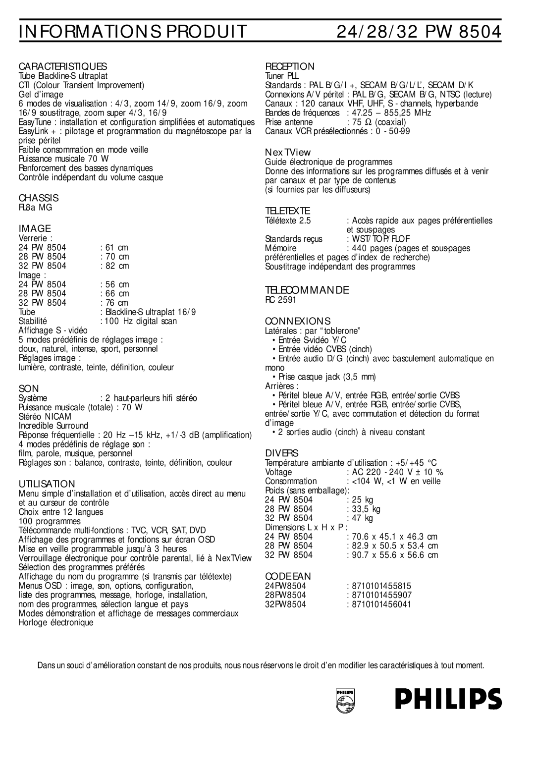 Philips PW 8504 manual Chassis, Image, Son, Utilisation, Reception, Teletexte, Divers, Code EAN 