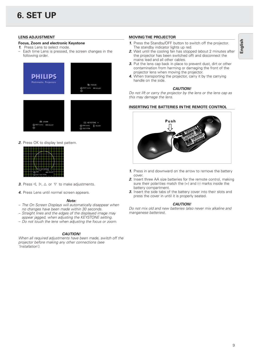 Philips PXG10 manual Lens Adjustment, Focus, Zoom and electronic Keystone, Moving the Projector, S h 