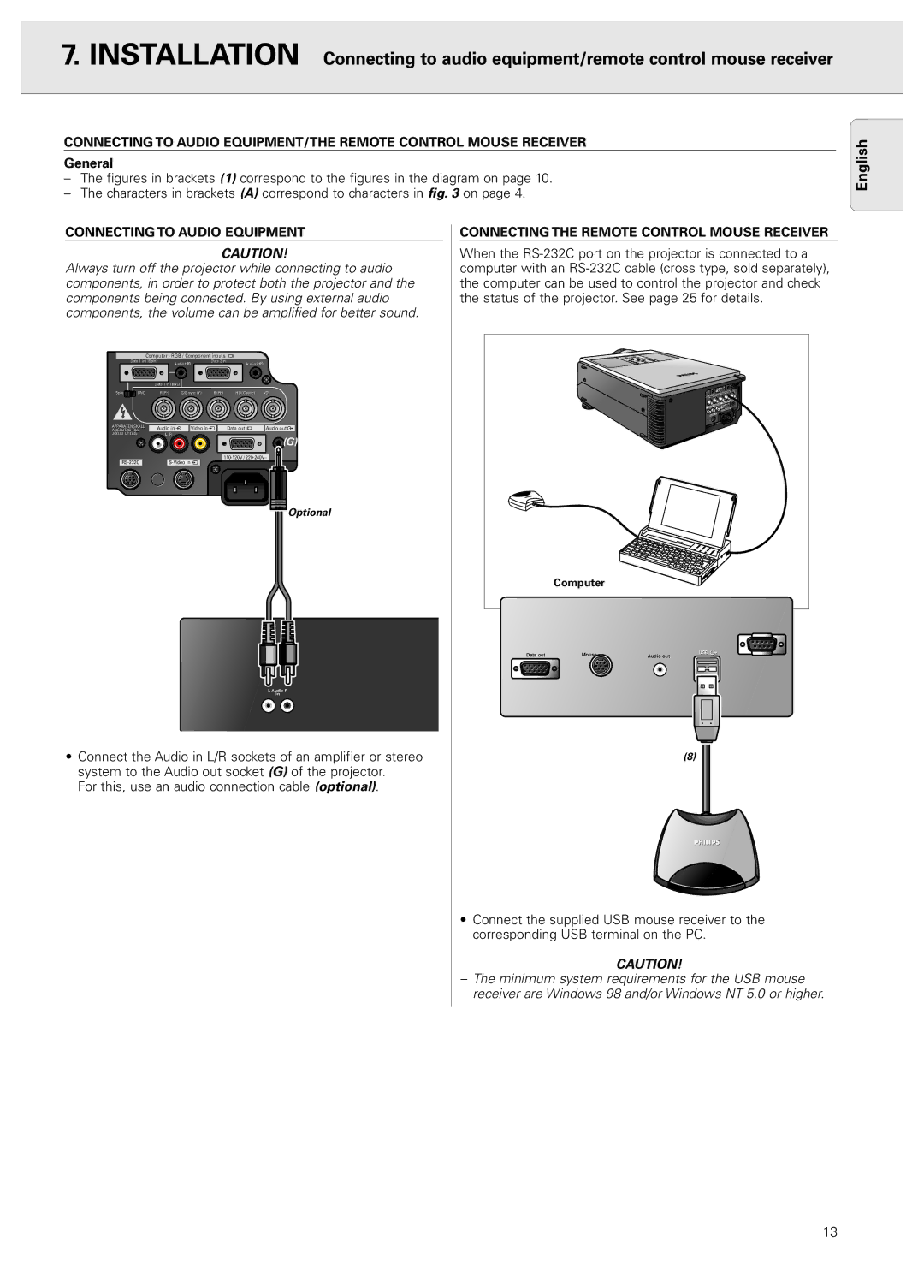 Philips PXG10 manual Connecting to Audio Equipment, Connecting the Remote Control Mouse Receiver 