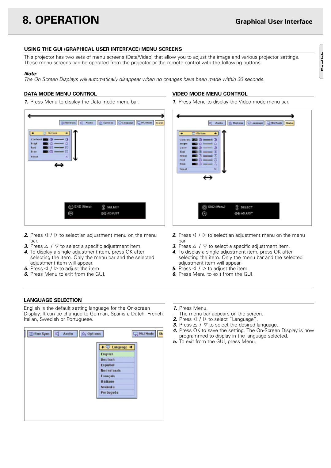 Philips PXG10 Using the GUI Graphical User Interface Menu Screens, Data Mode Menu Control Video Mode Menu Control 