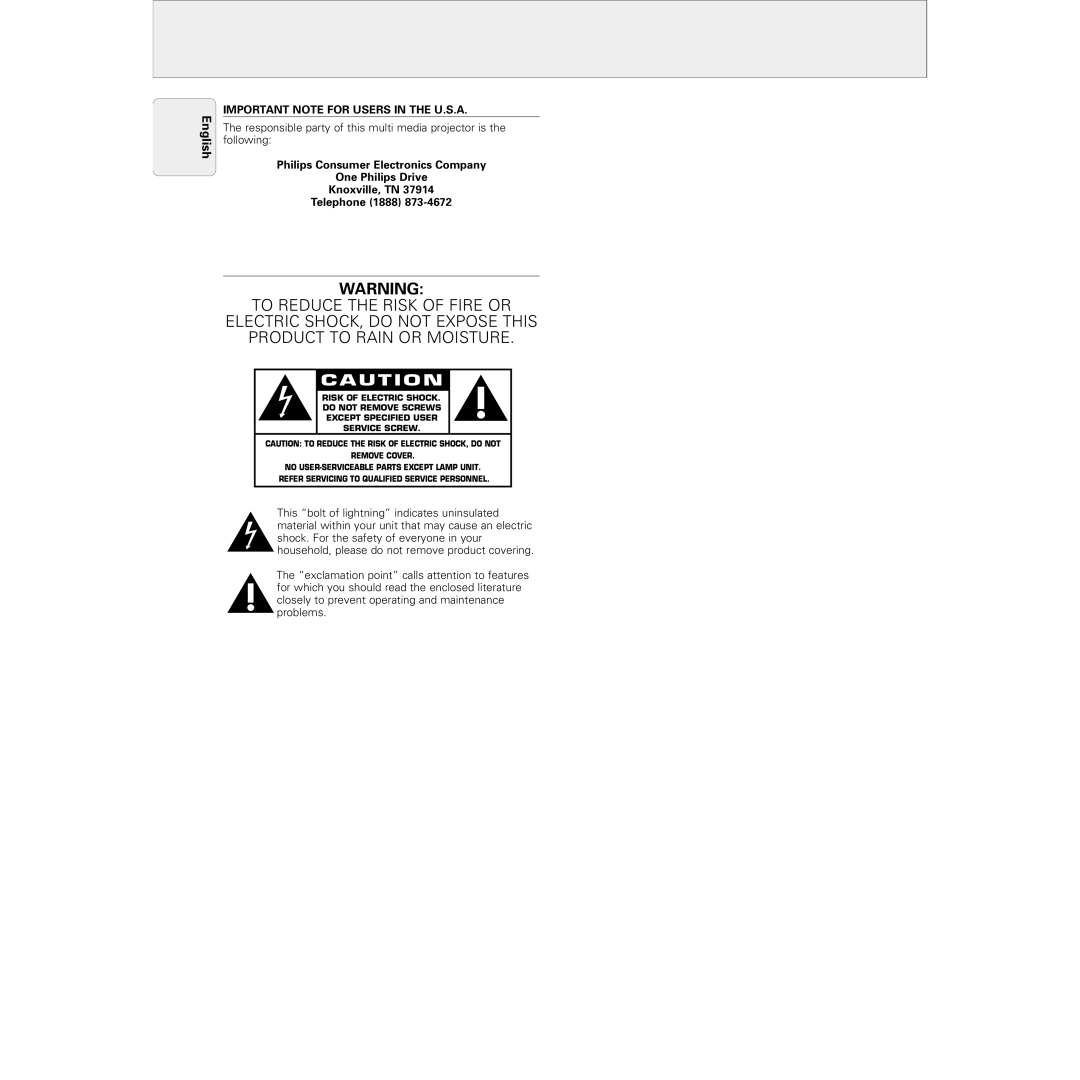 Philips PXG10 manual English, Important Note for Users in the U.S.A 