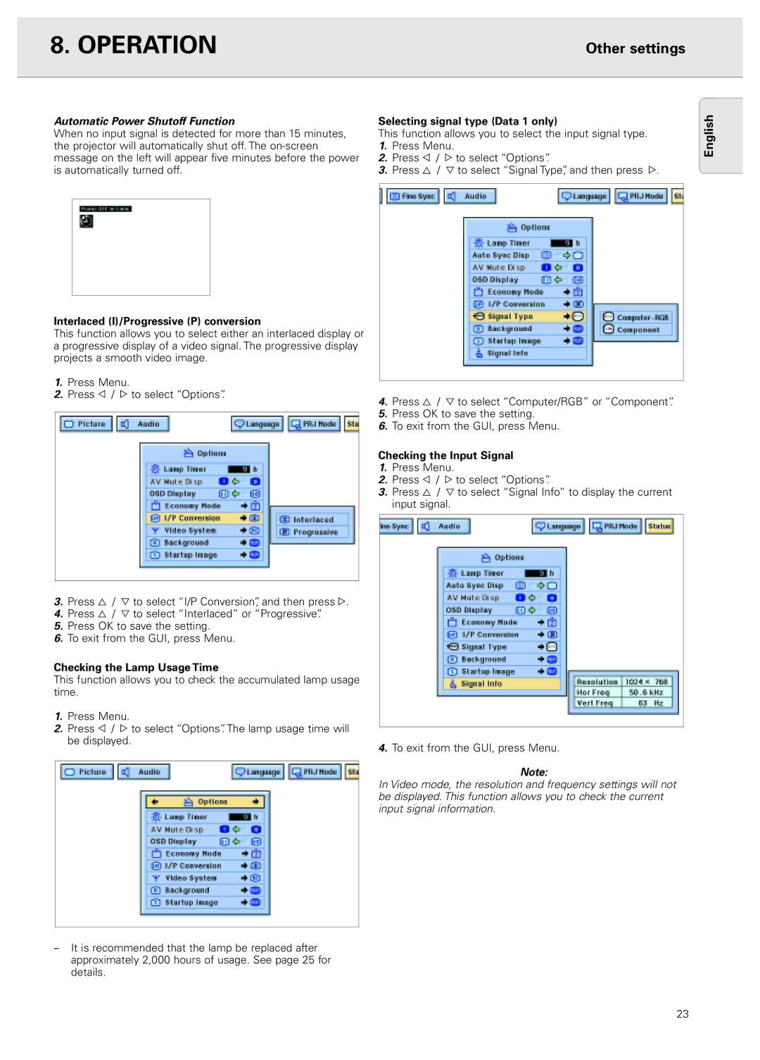 Philips PXG10 manual Automatic Power Shutoff Function, Interlaced I/Progressive P conversion, Checking the Lamp Usage Time 
