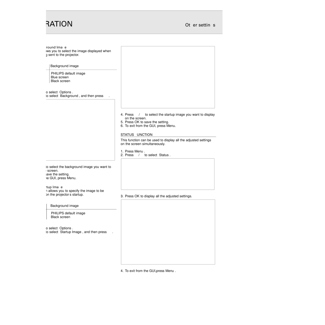 Philips PXG10 manual Setting a Background Image, Selecting a Startup Image, Status Function 