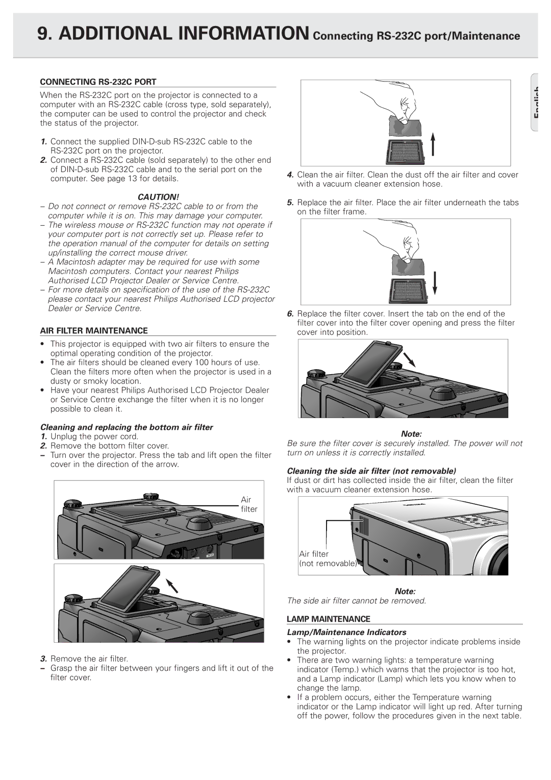 Philips PXG10 Additional Information Connecting RS-232C port/Maintenance, Cleaning and replacing the bottom air filter 