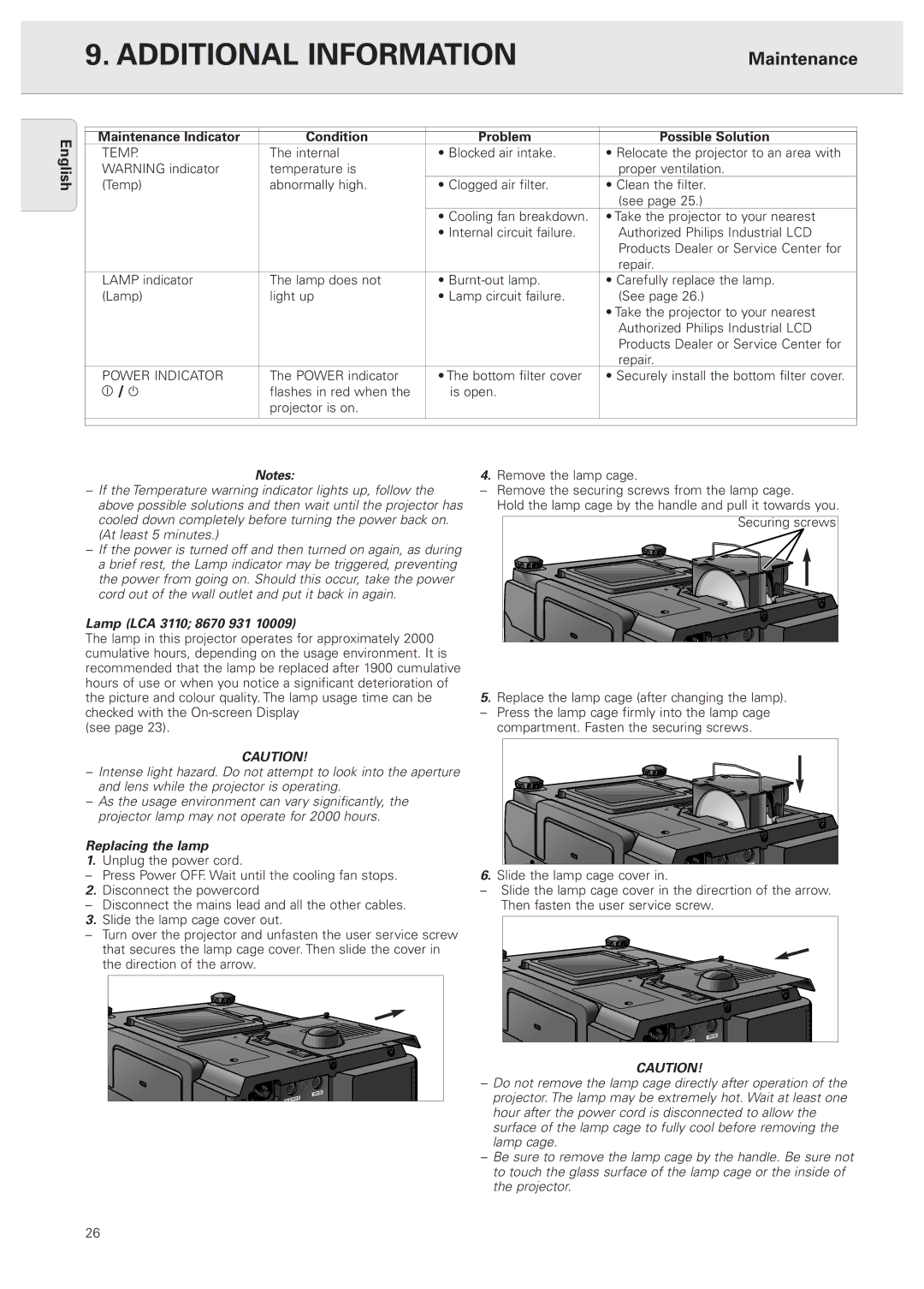 Philips PXG10 Additional Information, Maintenance Indicator Condition Problem Possible Solution, Replacing the lamp 